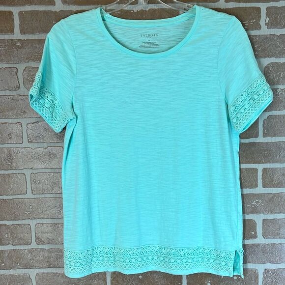 Talbots Top Green Shirt Crochet Trim Women’s Slub Knit Medium Pretty! - Picture 1 of 6